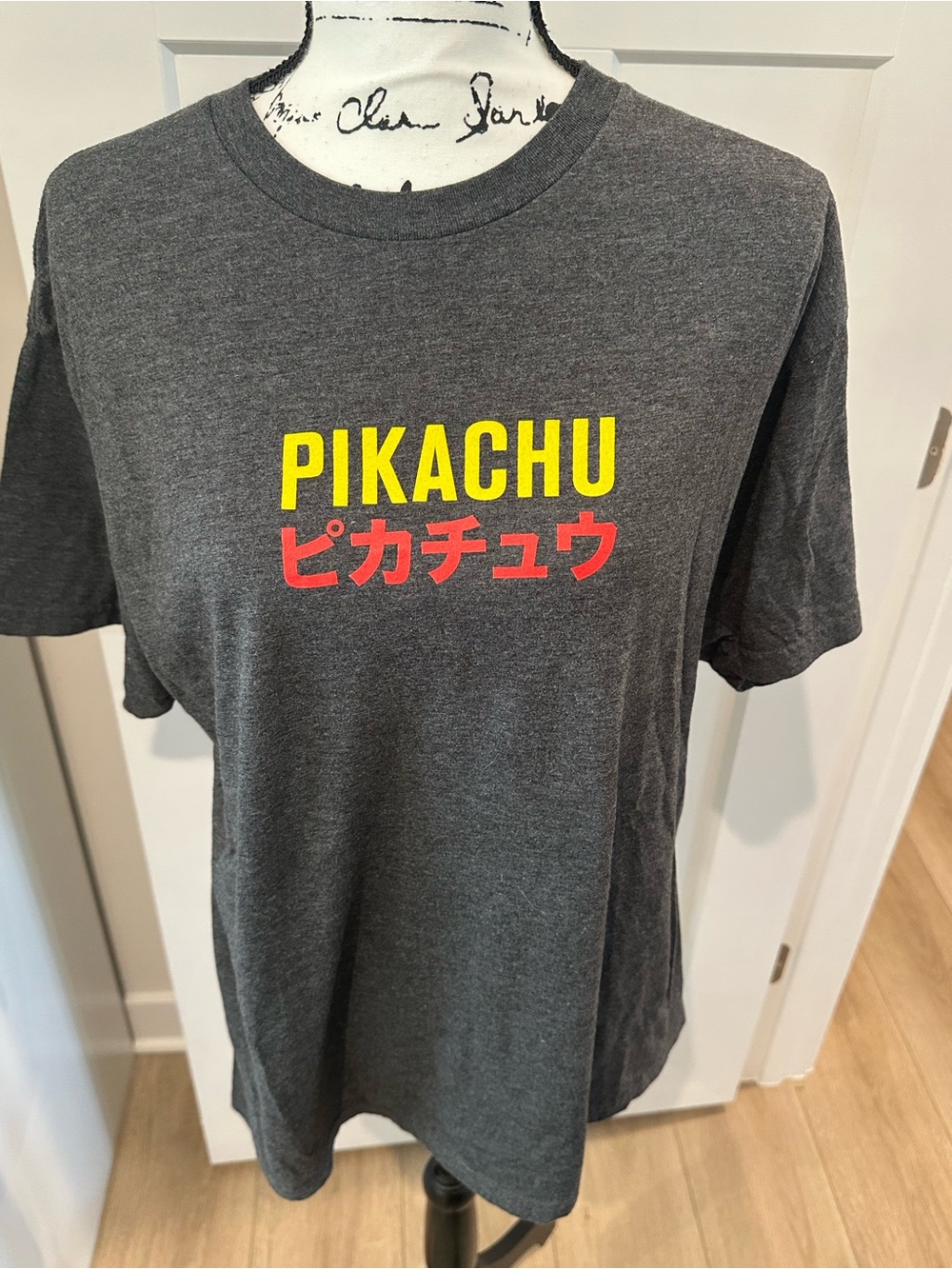 Pokemon Charcoal Tee with Yellow & Red Pikachu Text